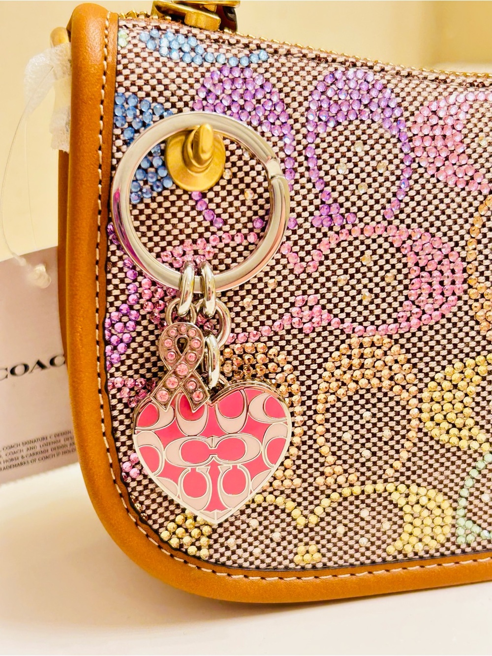 NWOT RARE Coach Y2K Cancer Awareness Heart Photo Keychain/ Bag Charm - Picture 12 of 14